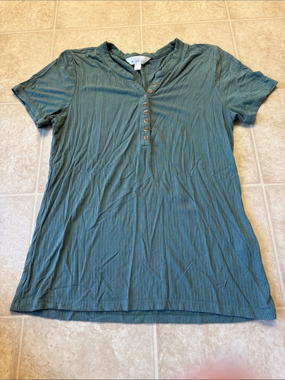 Casual Ribbed Short-Sleeve Henley Top - Teal Green